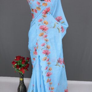 Linen Soft Cotton Saree with Hand Work – Elegant Printed Design